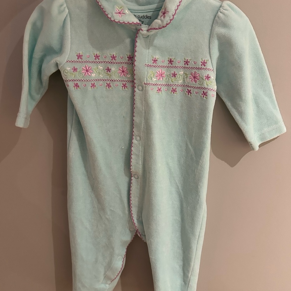 Love’n Cuddles Baby Blue One Piece with Pink Embroidery